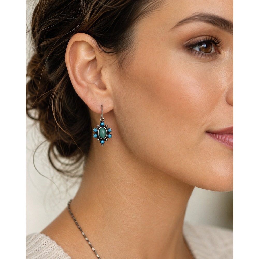 NR Sterling Silver Turquoise Drop Earrings Women OS Blue Green Excellent Boho - Picture 4 of 4